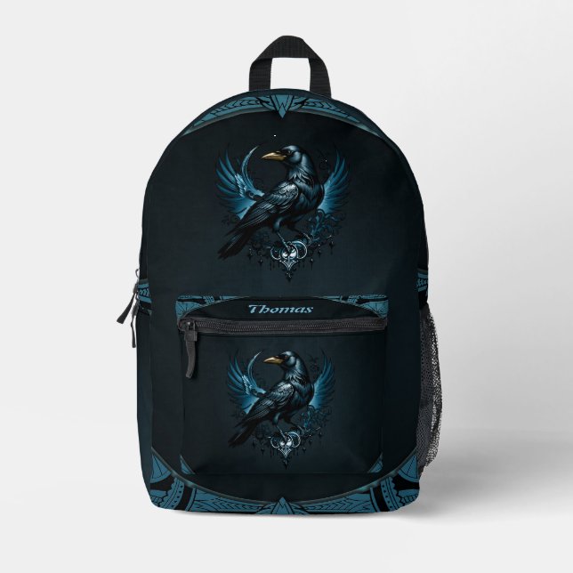 Majestic black raven sitting on an ornate printed backpack (Front)
