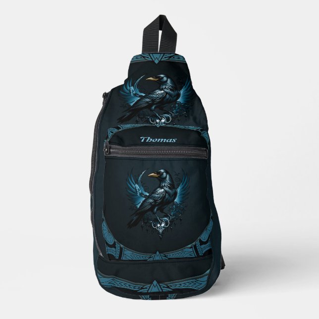 Majestic black raven sitting on an ornate sling bag (Front)