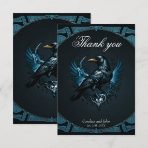 Majestic black raven sitting on an ornate, thank you card