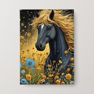 Majestic Black Stallion Amid Vibrant Wildflowers