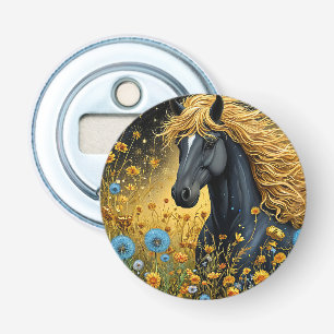 Majestic Black Stallion Amid Vibrant Wildflowers Bottle Opener