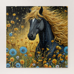Majestic Black Stallion Amid Vibrant Wildflowers Jigsaw Puzzle