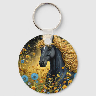 Majestic Black Stallion Amid Vibrant Wildflowers Key Ring