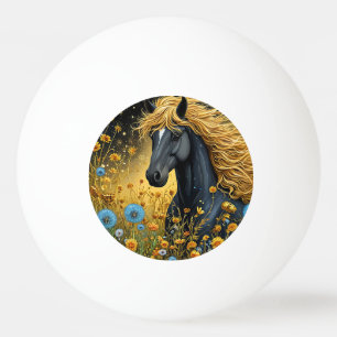 Majestic Black Stallion Amid Vibrant Wildflowers Ping Pong Ball