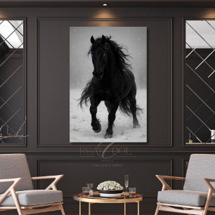 Majestic Black Stallion in Dreamy Winter Landscape Poster