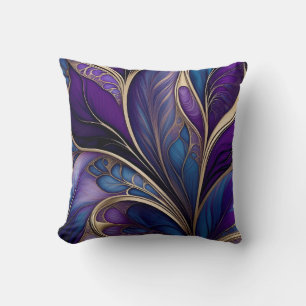 Majestic Bloom - Deep Purple and Blue Abstract Art Cushion