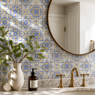 Majestic Bloom Elegant Blue and Gold Floral Mosai Ceramic Tile
