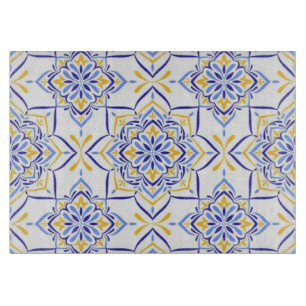 Majestic Bloom Elegant Blue and Gold Floral Mosai Cutting Board