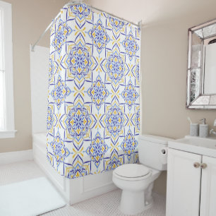 Majestic Bloom Elegant Blue and Gold Floral Mosai Shower Curtain