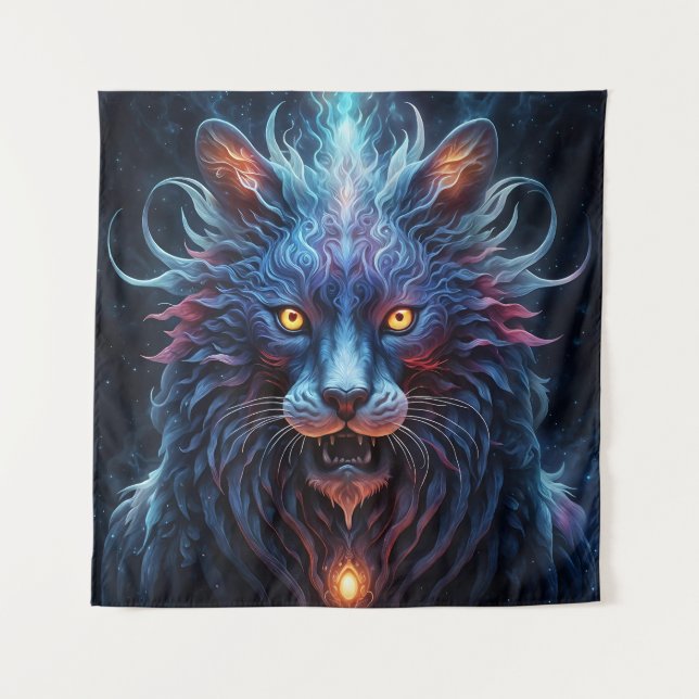 Majestic Blue-Pink Lion Fantasy Tapestry (Front)