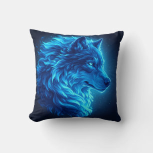Majestic Blue Wolf Glowing Fantasy Wildlife Art Cushion