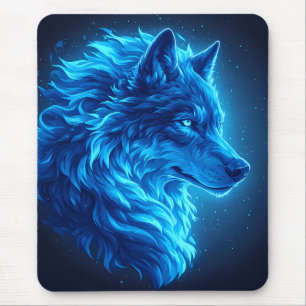 Majestic Blue Wolf Glowing Fantasy Wildlife Art Mouse Pad