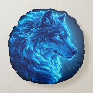 Majestic Blue Wolf Glowing Fantasy Wildlife Art Round Cushion