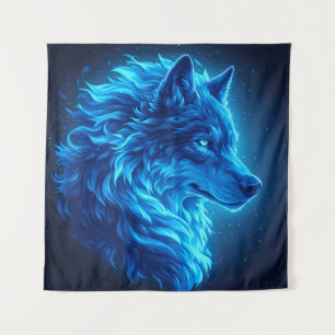 Majestic Blue Wolf Glowing Fantasy Wildlife Art Tapestry