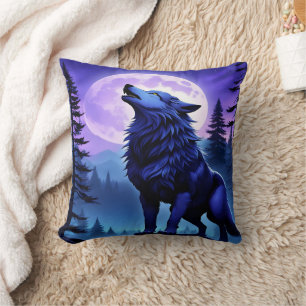 Majestic Blue Wolf Howling Under Full Moon Cushion