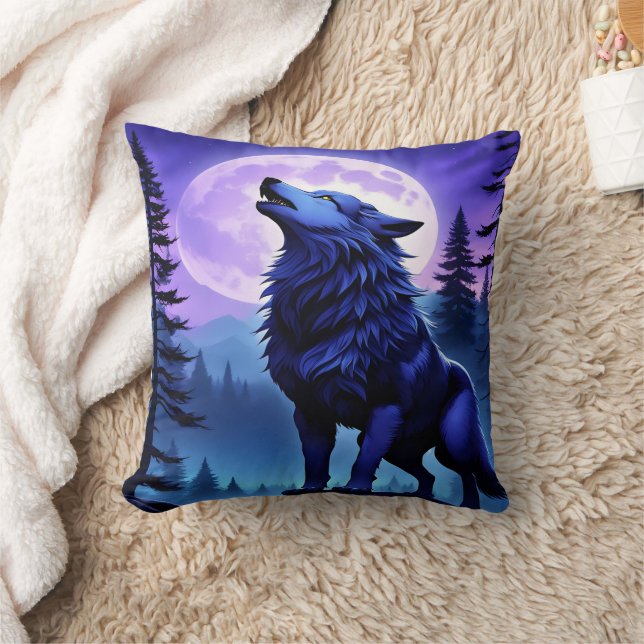 Majestic Blue Wolf Howling Under Full Moon Cushion (Blanket)