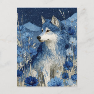 Majestic Blue Wolf in Starry Blossom Garden Postcard