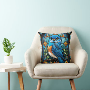 Majestic Bluebird Perched on Stained Glass Window Cushion