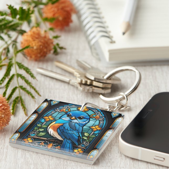 Majestic Bluebird Perched on Stained Glass Window Key Ring (Front Right)
