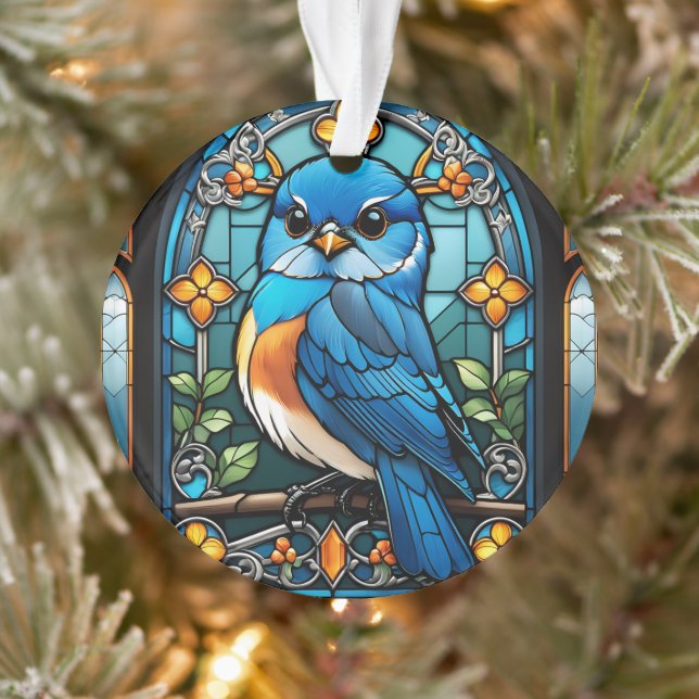 Majestic Bluebird Perched on Stained Glass Window Ornament (Tree)