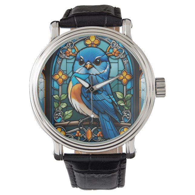 Majestic Bluebird Perched on Stained Glass Window Watch (Front)