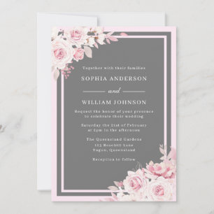 Majestic Blush & Grey Floral Watercolor Wedding Invitation