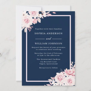 Majestic Blush & Navy Floral Watercolor Wedding Invitation