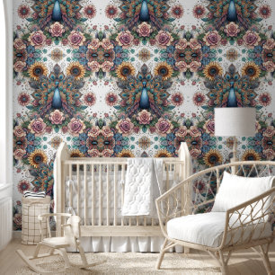 Majestic Boho Peacock & Sunflowers Wallpaper