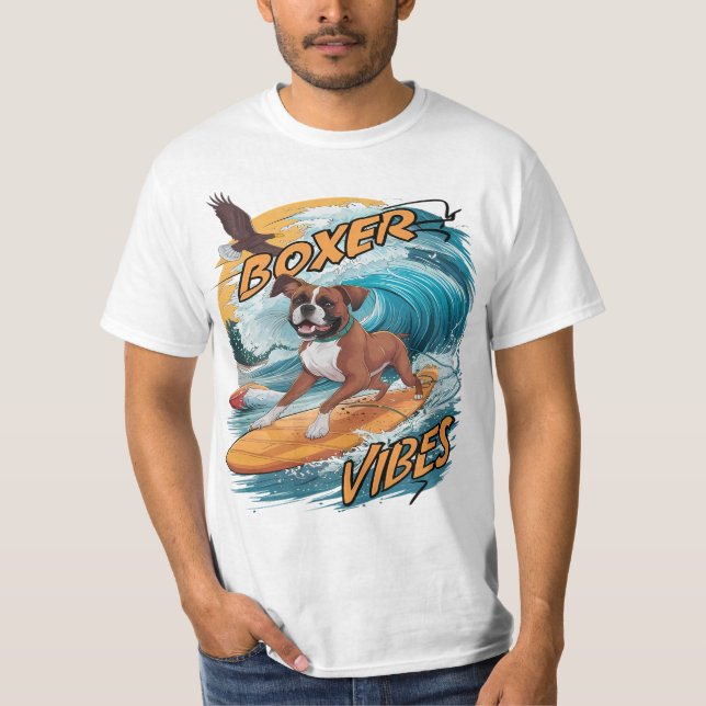 Majestic Boxer Surfer Conquering Waves T-Shirt (Front)