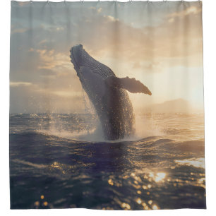 Majestic Breaching Whale at Sunset Shower Curtain
