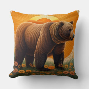 Majestic Brown Bear Standing in a Field Cushion