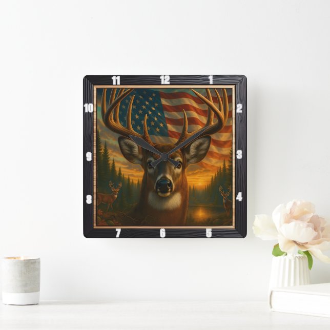 Majestic Buck American Flag  Square Wall Clock (Home)