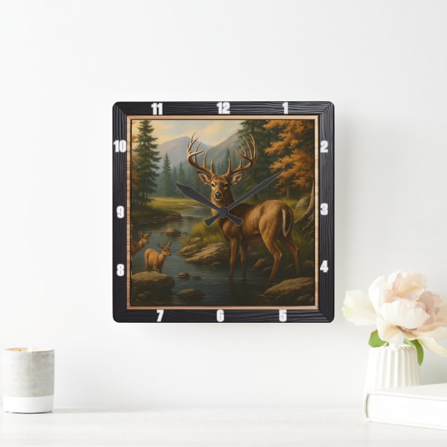 Majestic Buck Forest Stream Square Wall Clock (Home)