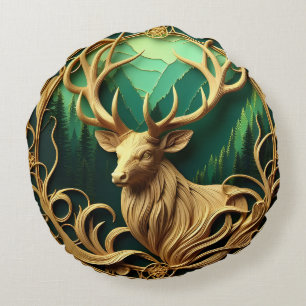 Majestic buck gazing out into a serene forest round cushion