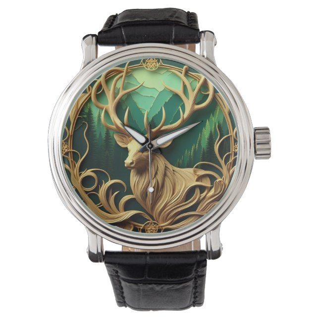 Majestic buck gazing out into a serene forest  watch (Front)
