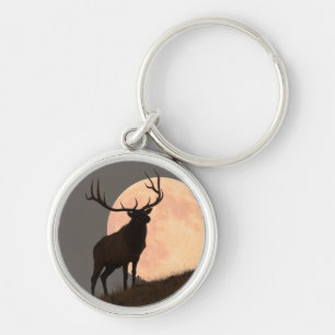 Majestic Bull Elk and Full Moon Rise Key Ring