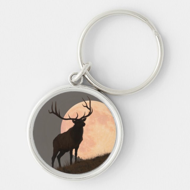 Majestic Bull Elk and Full Moon Rise Key Ring (Front)
