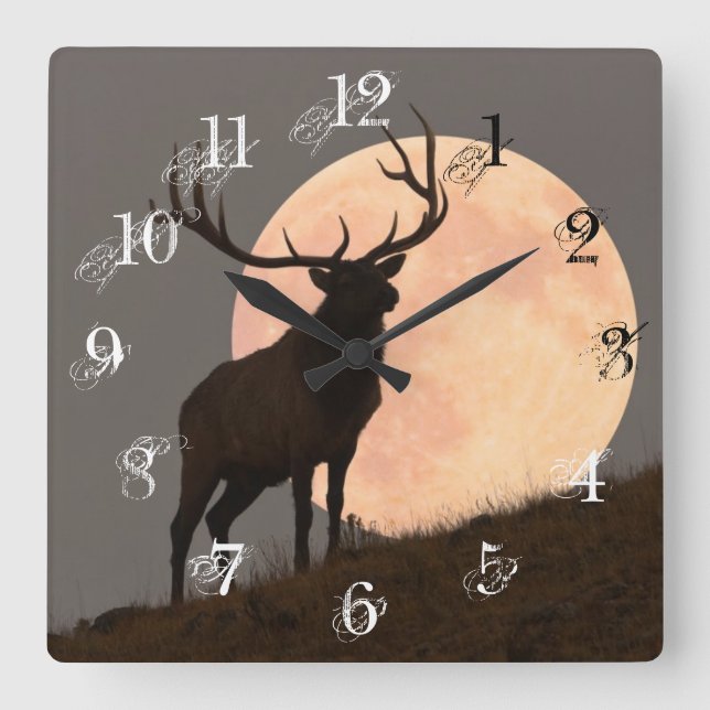 Majestic Bull Elk and Full Moon Rise Square Wall Clock (Front)