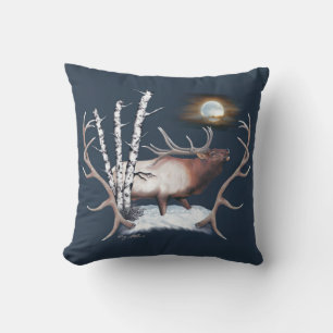 Majestic Bull Elk Bugling In The Moonlight Cushion