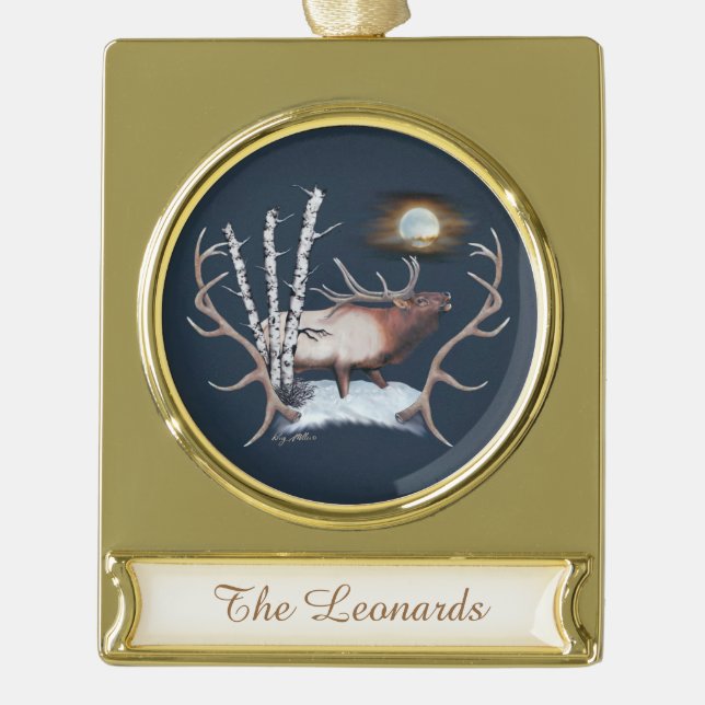Majestic Bull Elk Bugling In The Moonlight Gold Plated Banner Ornament (Front)