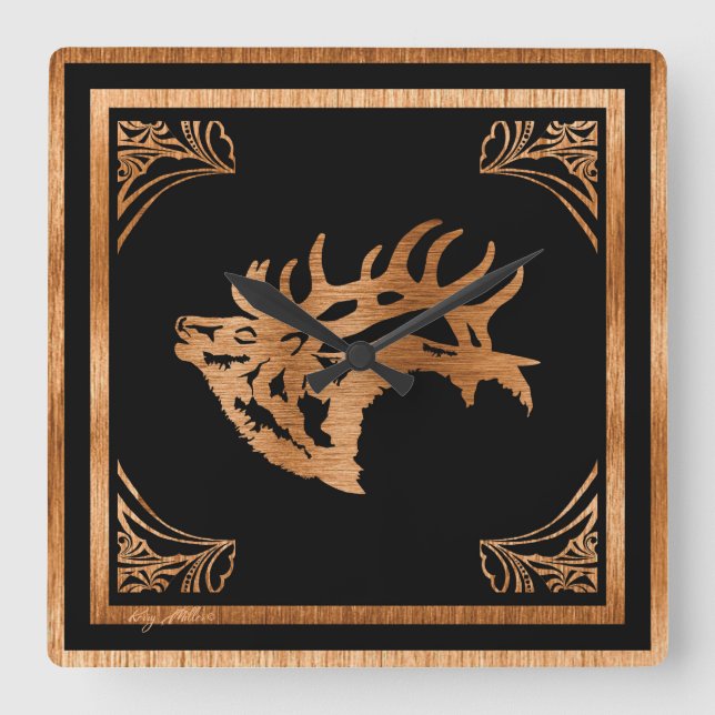 Majestic Bull Elk Square Wall Clock (Front)