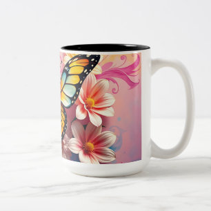 Majestic Butterfly with Floral Swirls Two-Tone Coffee Mug