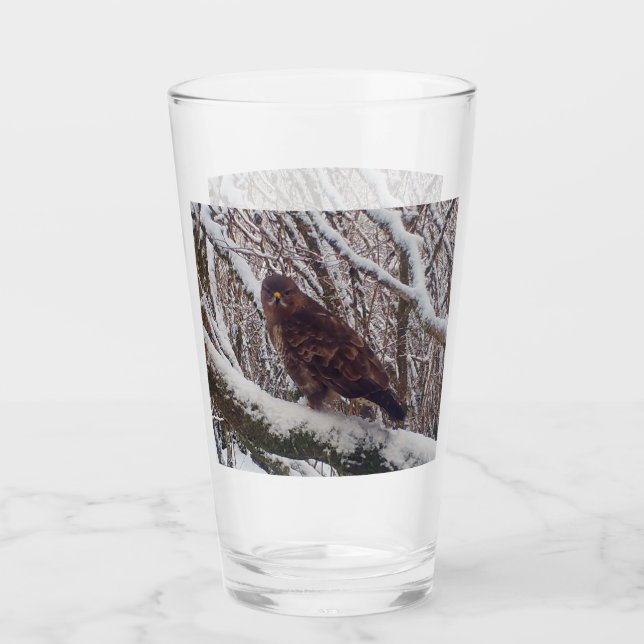 Majestic Buzzard On Snowy Branch Winter Wildlife  Glass (Front)