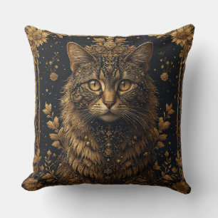 Majestic Cat with Ornate Floral Golden Details Cushion