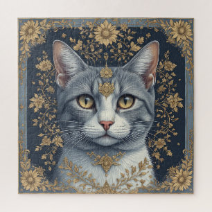 Majestic Cat with Ornate Floral Golden Details Jigsaw Puzzle