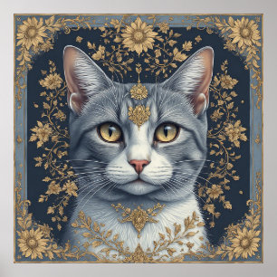 Majestic Cat with Ornate Floral Golden Details Poster