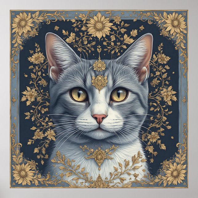 Majestic Cat with Ornate Floral Golden Details Poster (Front)