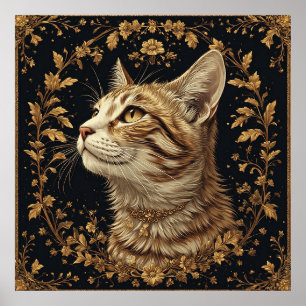 Majestic Cat with Ornate Floral Golden Details Poster