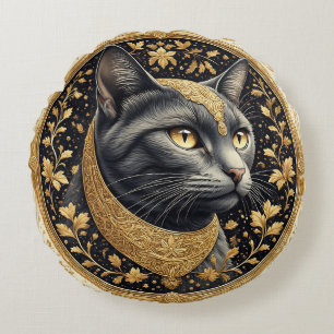 Majestic Cat with Ornate Floral Golden Details Round Cushion