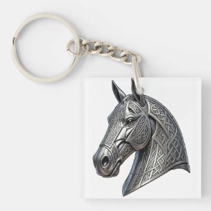 Majestic Celtic Silver Horse Head with Knot Patter Key Ring